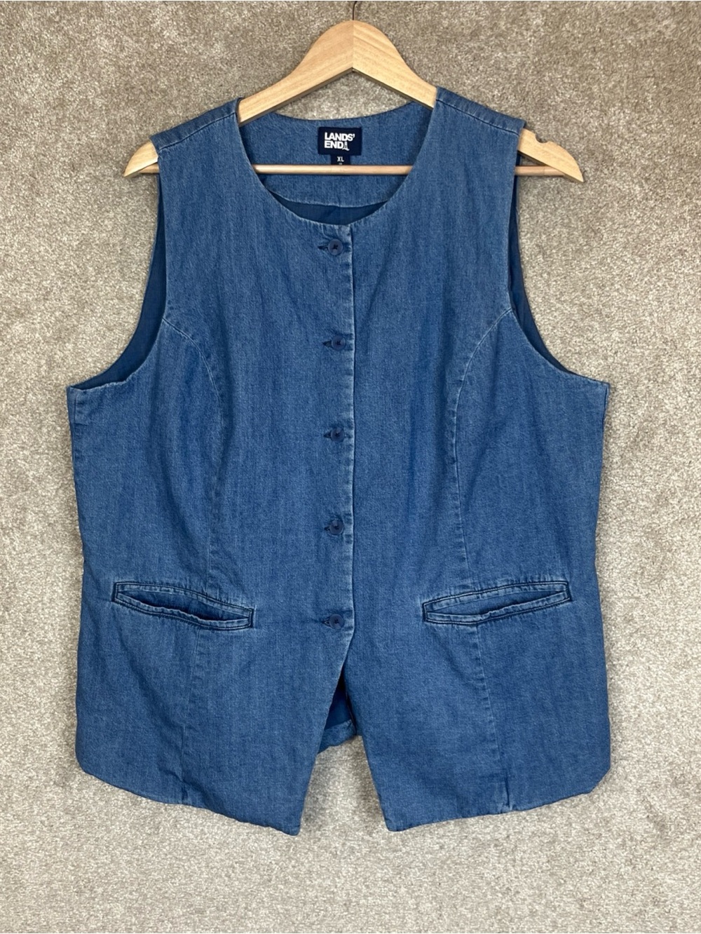 Lands End Vest Womens Extra Large Blue Denim Sleeveless Button Pockets- 5313